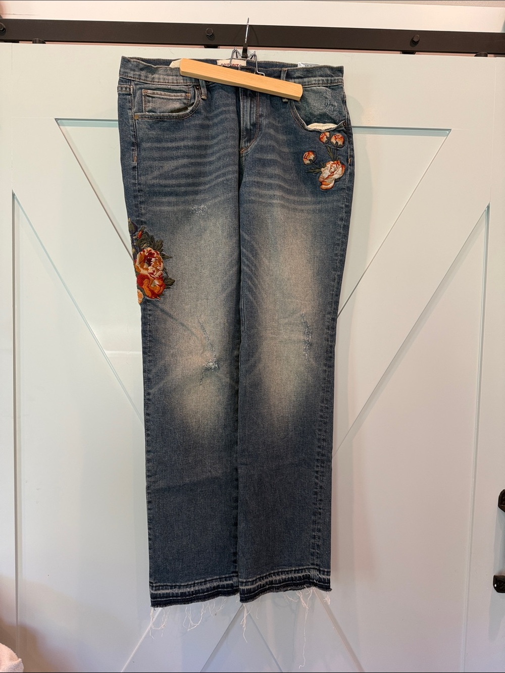 DRIFTWOOD Embroidered Floral Straight-Leg Jeans - Blue with Red & Orange Accents